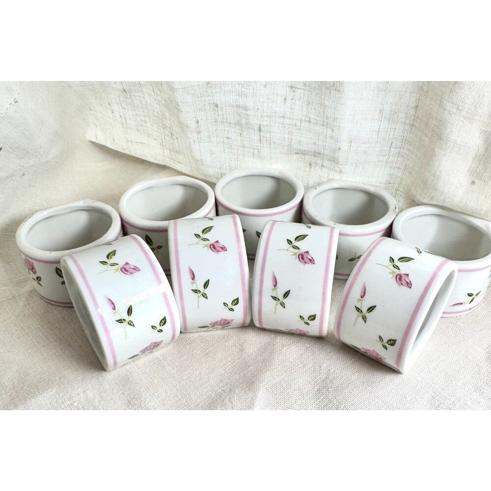 9 Porcelain Rose Napkin Rings Green / Pink, Andre Richard, Grandma Cottage Core - Picture 7 of 16